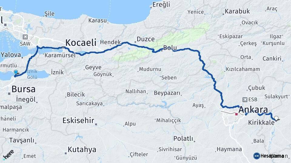 Bursa Gemlik Kırıkkale Arası Kaç Km - Yol Haritası