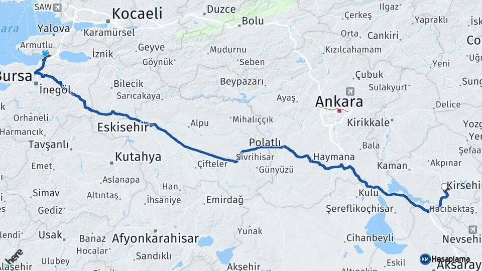 Bursa Gemlik Kırşehir Arası Kaç Km - Yol Haritası
