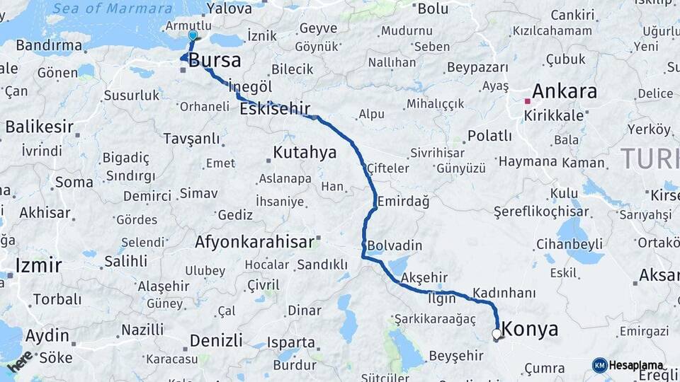 Bursa Gemlik Konya Arası Kaç Km - Yol Haritası
