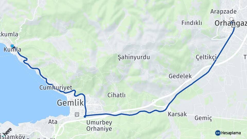 Bursa Gemlik Kumla Orhangazi Arası Kaç Km - Yol Haritası
