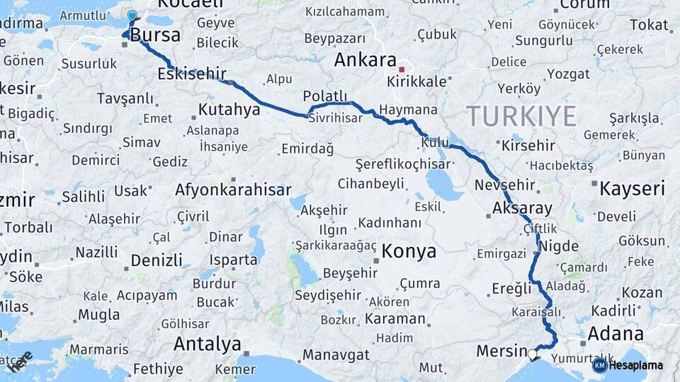 Bursa Gemlik Mersin Arası Kaç Km - Yol Haritası