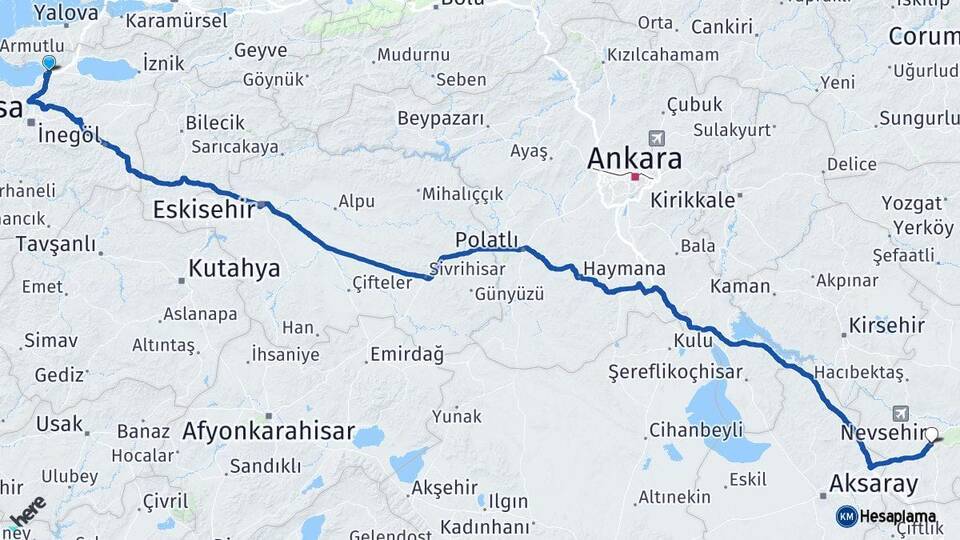 Bursa Gemlik Nevşehir Arası Kaç Km - Yol Haritası