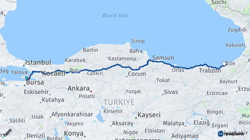Bursa Gemlik Rize Arası Kaç Km - Yol Haritası