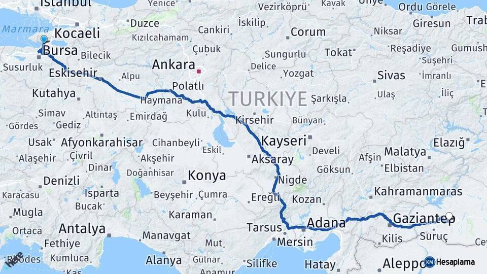 Bursa Gemlik Şanlıurfa Arası Kaç Km - Yol Haritası