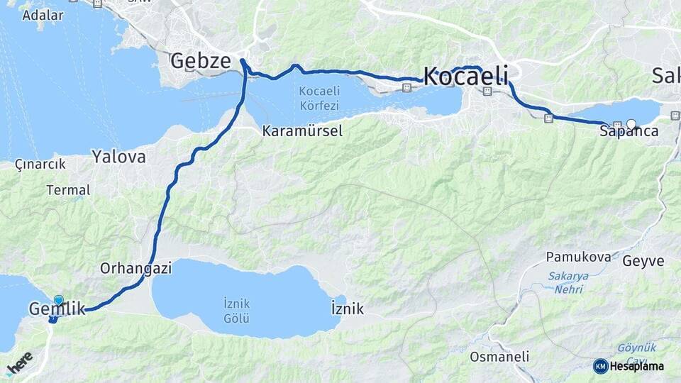 Bursa Gemlik Sapanca Sakarya Arası Kaç Km - Yol Haritası