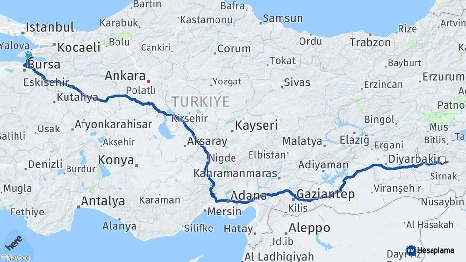 Bursa Gemlik Siirt Arası Kaç Km - Yol Haritası