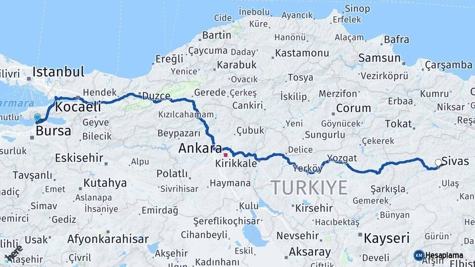 Bursa Gemlik Sivas Arası Kaç Km - Yol Haritası