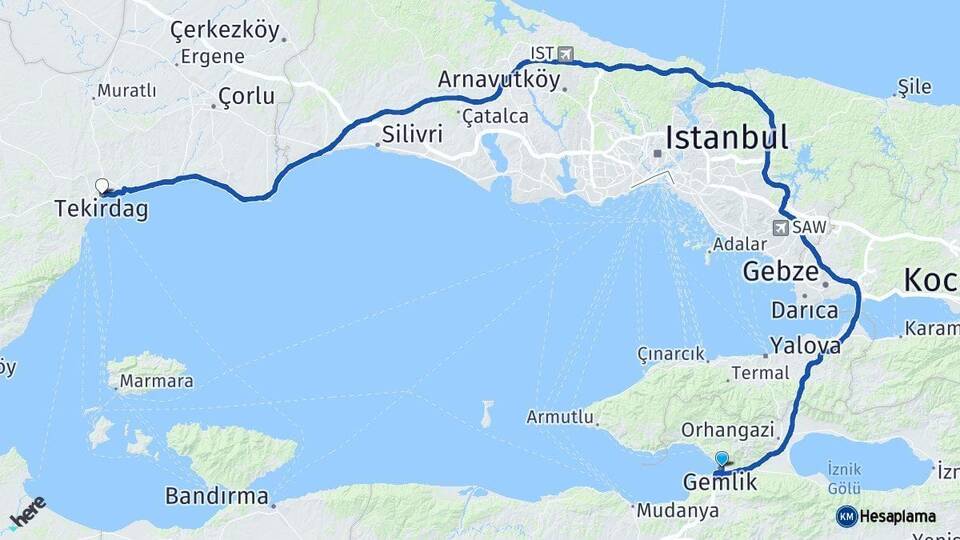 Bursa Gemlik Tekirdağ Arası Kaç Km - Yol Haritası
