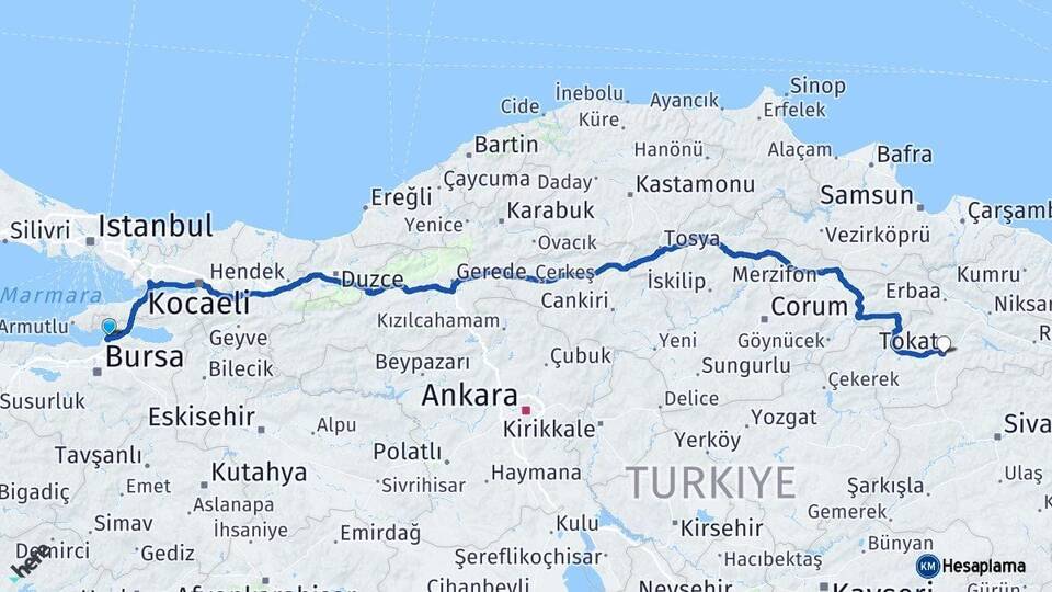 Bursa Gemlik Tokat Arası Kaç Km - Yol Haritası
