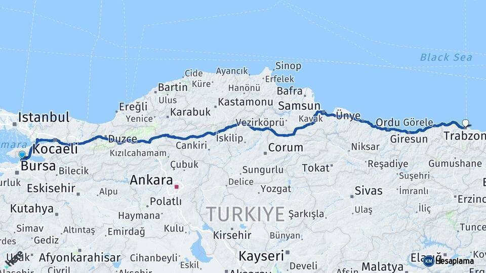 Bursa Gemlik Trabzon Arası Kaç Km - Yol Haritası