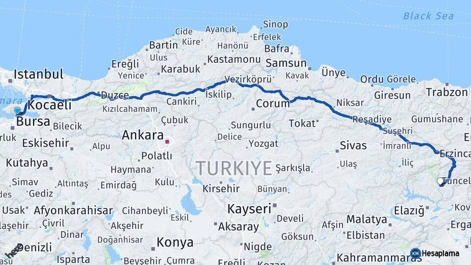 Bursa Gemlik Tunceli Arası Kaç Km - Yol Haritası