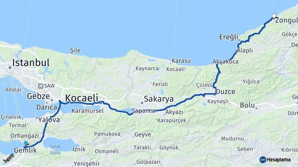 Bursa Gemlik Zonguldak Arası Kaç Km - Yol Haritası