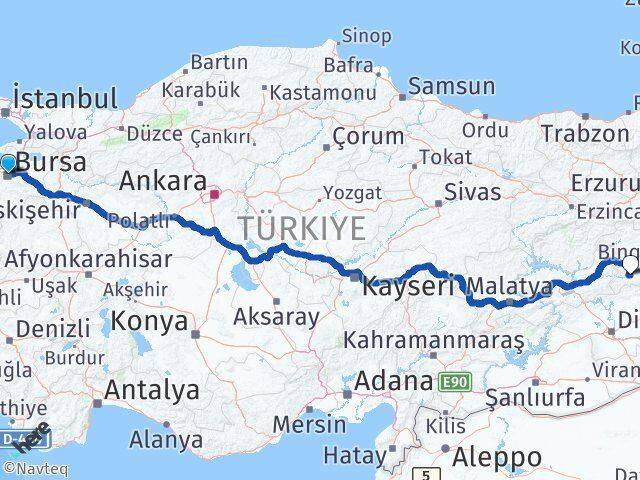 Bursa Genç Bingöl Arası Kaç Km - Yol Haritası