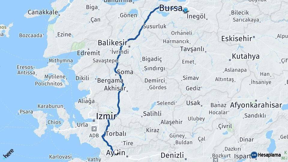Bursa Germencik Aydın Arası Kaç Km - Yol Haritası
