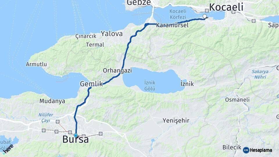 Bursa Gölcük Kocaeli Arası Kaç Km - Yol Haritası