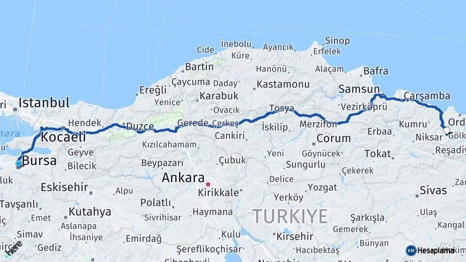 Bursa Gölköy Ordu Arası Kaç Km - Yol Haritası