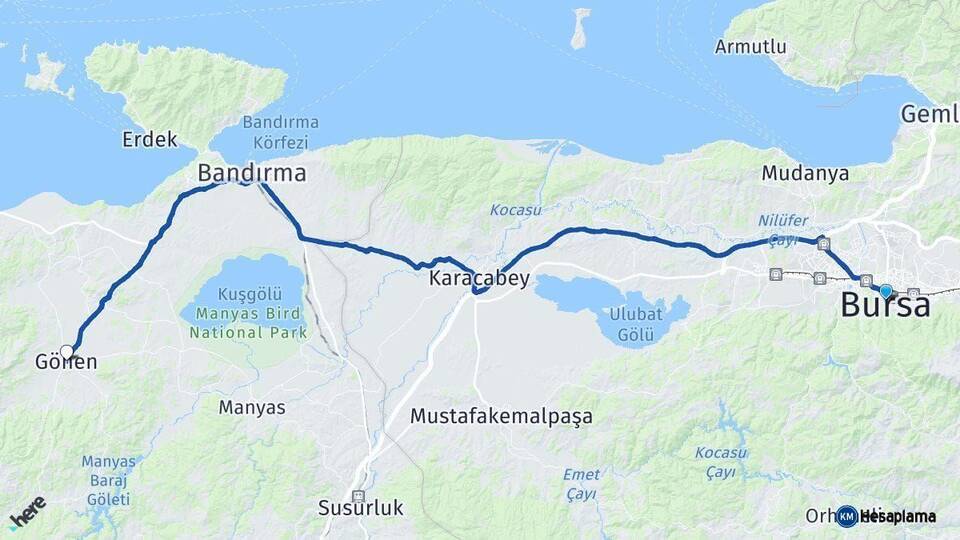 Bursa Gönen Balıkesir Arası Kaç Km - Yol Haritası
