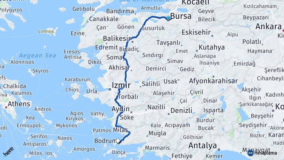 Bursa Gümbet Bodrum Muğla Arası Kaç Km - Yol Haritası