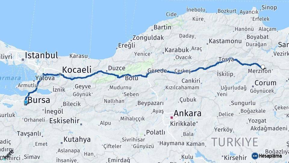 Bursa Gümüşhacıköy Amasya Arası Kaç Km - Yol Haritası