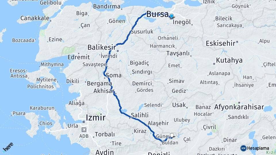 Bursa Güney Denizli Arası Kaç Km - Yol Haritası
