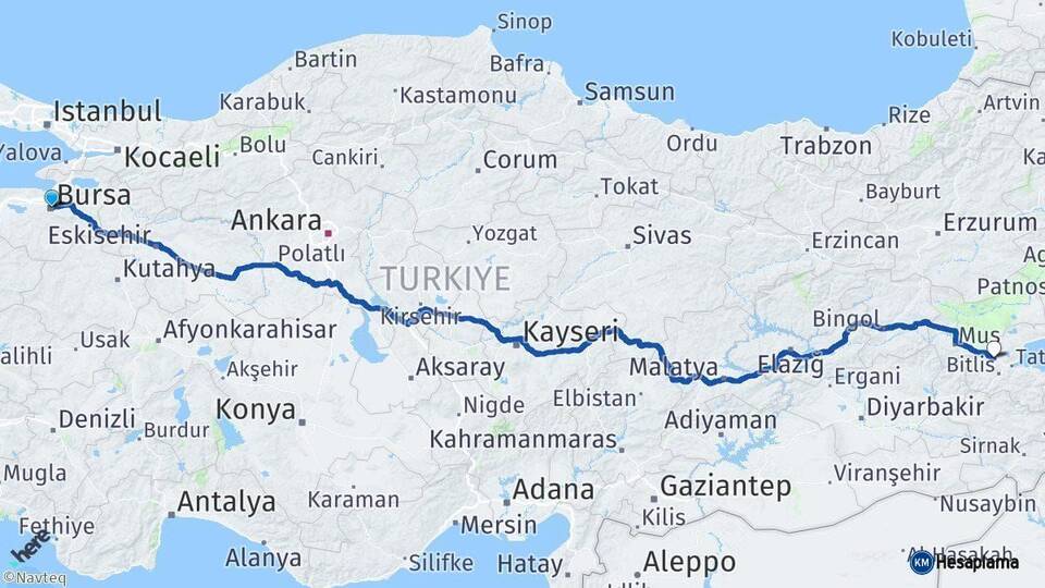 Bursa Güroymak Bitlis Arası Kaç Km - Yol Haritası