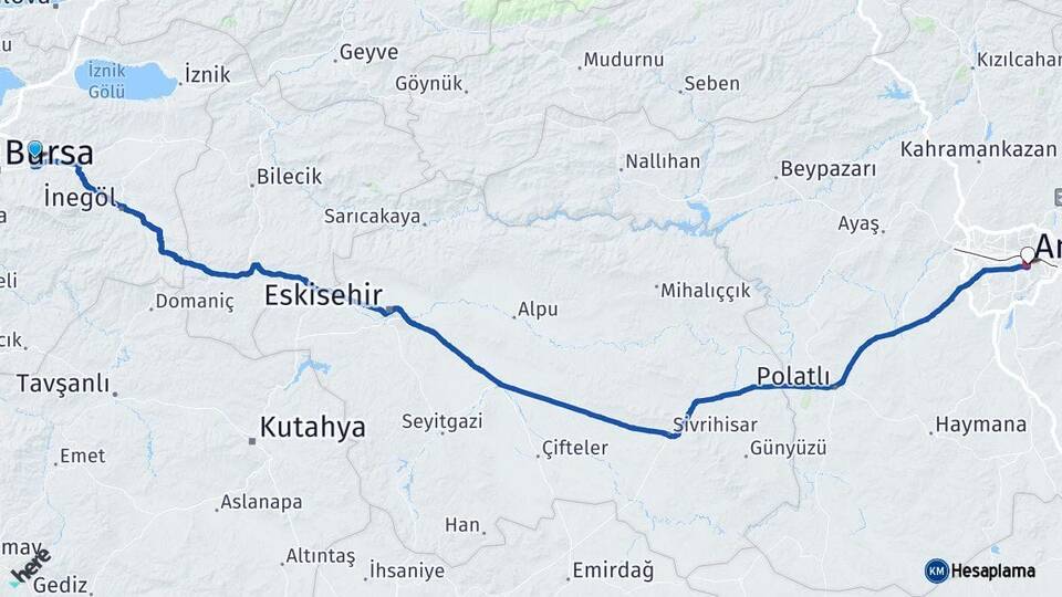 Bursa Gürsu Ankara Arası Kaç Km - Yol Haritası