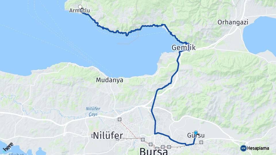 Bursa Gürsu Armutlu Yalova Arası Kaç Km - Yol Haritası
