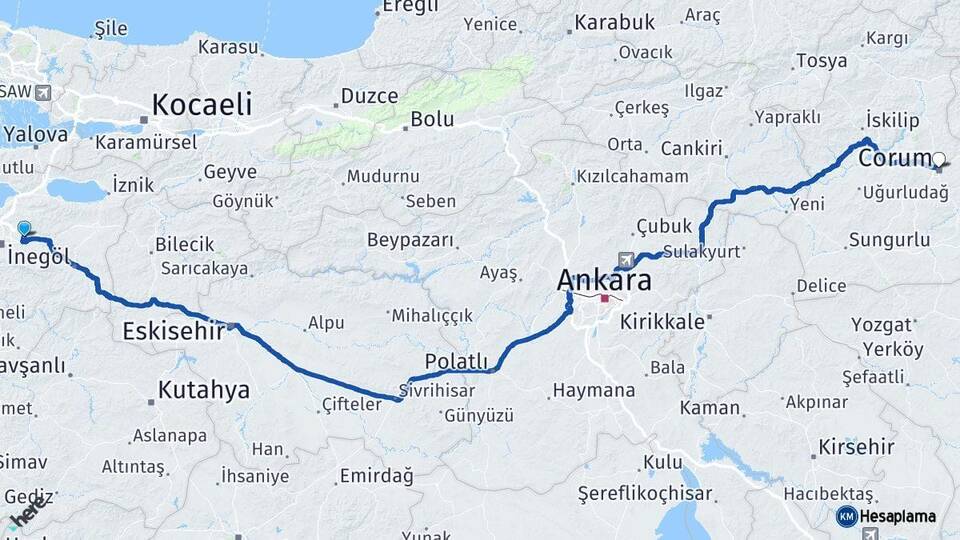 Bursa Gürsu Çorum Arası Kaç Km - Yol Haritası