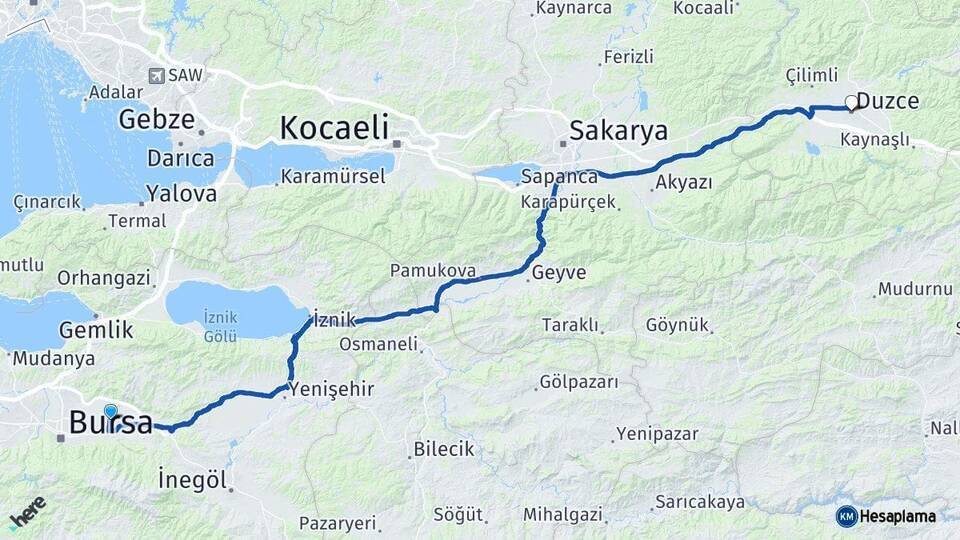 Gürsu Düzce Arası Kaç Km - Yol Tarifi