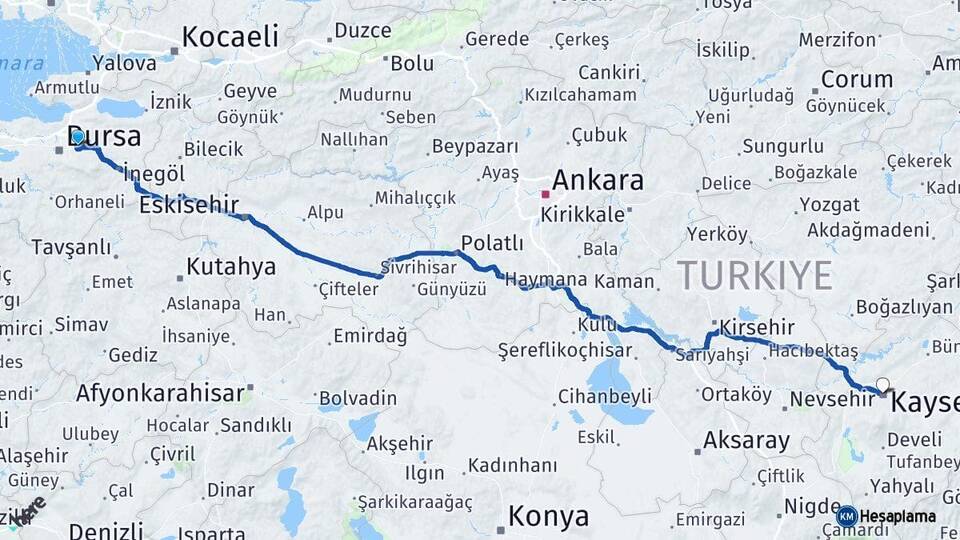 Bursa Gürsu Kayseri Arası Kaç Km - Yol Haritası