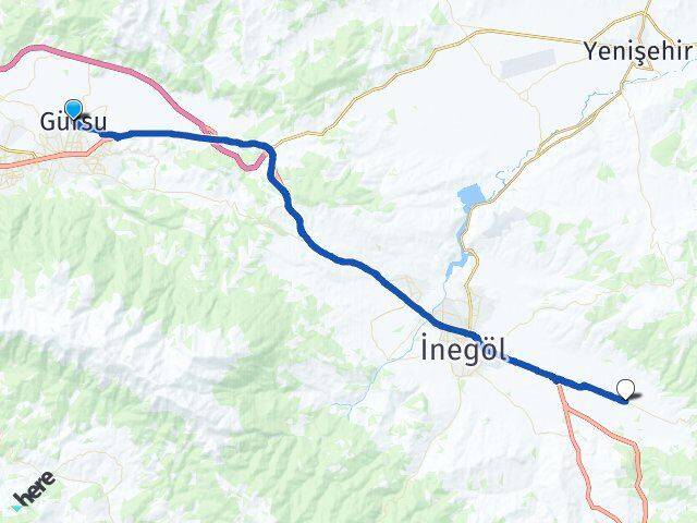Bursa Gürsu Küçükyenice İnegöl Arası Kaç Km - Yol Haritası
