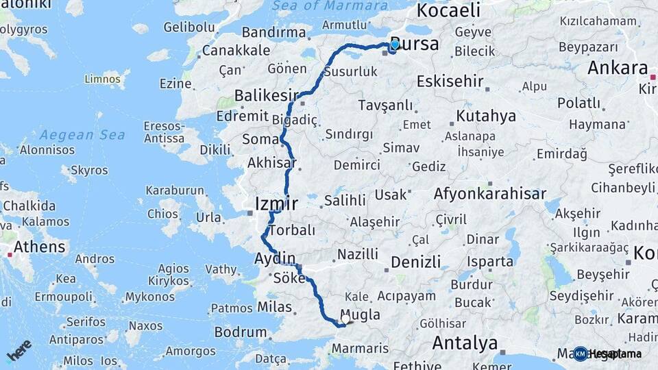 Bursa Gürsu Muğla Arası Kaç Km - Yol Haritası
