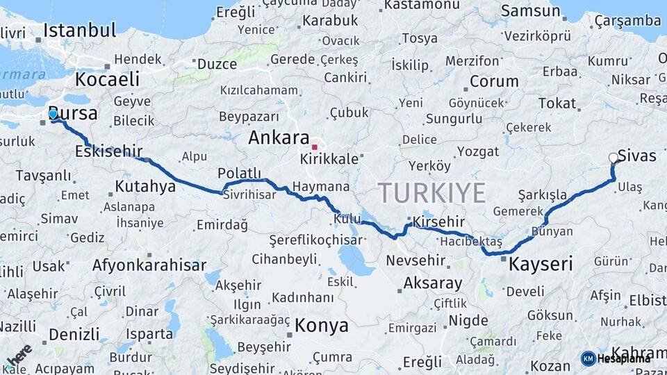 Bursa Gürsu Sivas Arası Kaç Km - Yol Haritası