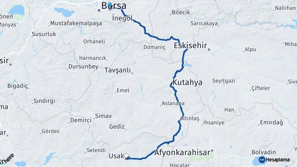 Bursa Gürsu Uşak Arası Kaç Km - Yol Haritası