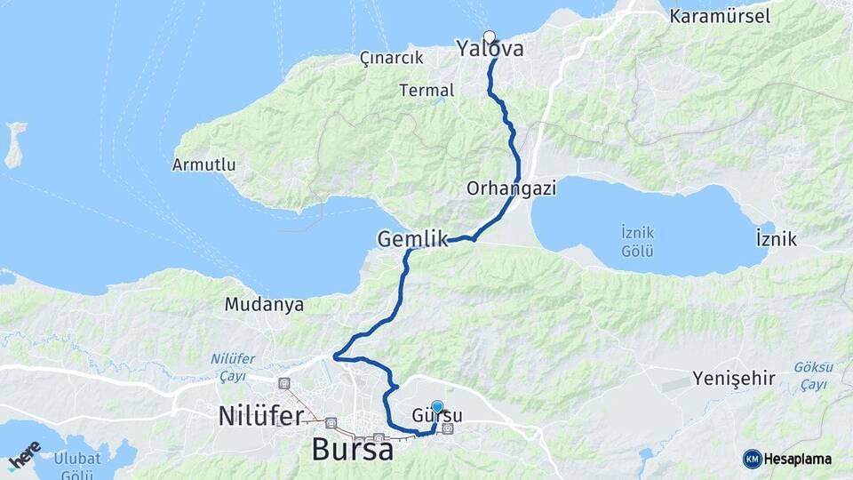 Bursa Gürsu Yalova Arası Kaç Km - Yol Haritası