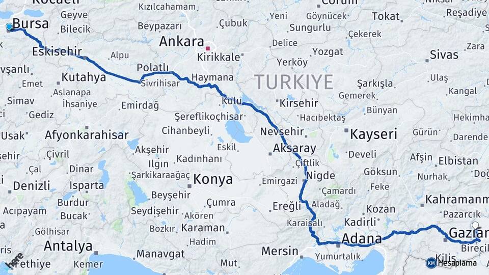 Bursa Halfeti Şanlıurfa Arası Kaç Km - Yol Haritası
