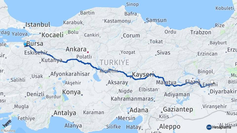 Bursa Hani Diyarbakır Arası Kaç Km - Yol Haritası