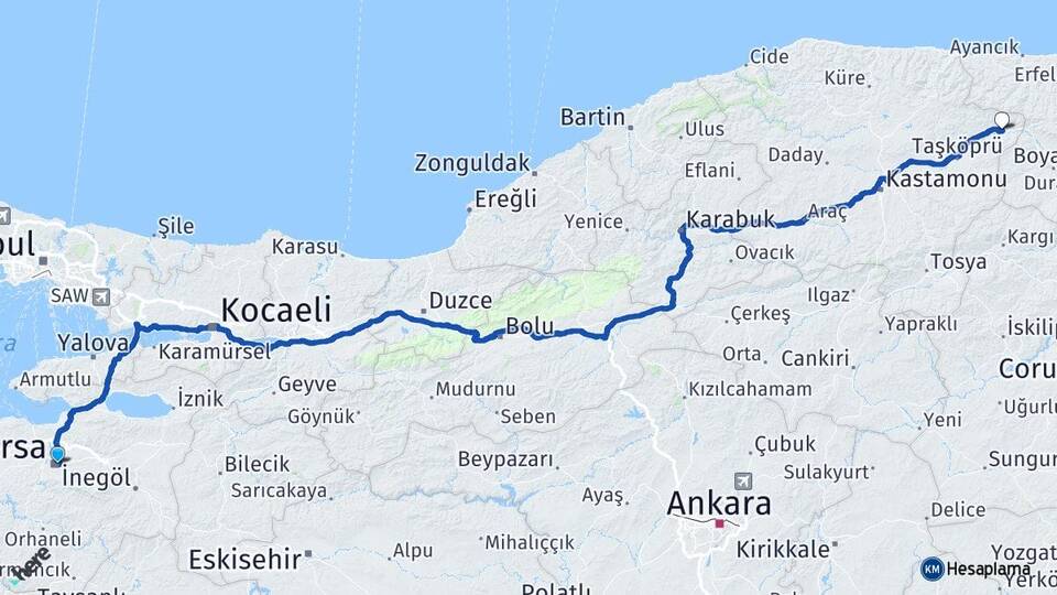 Bursa Hanönü Kastamonu Arası Kaç Km - Yol Haritası