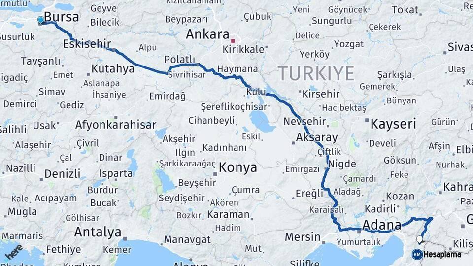 Bursa Hassa Hatay Arası Kaç Km - Yol Haritası