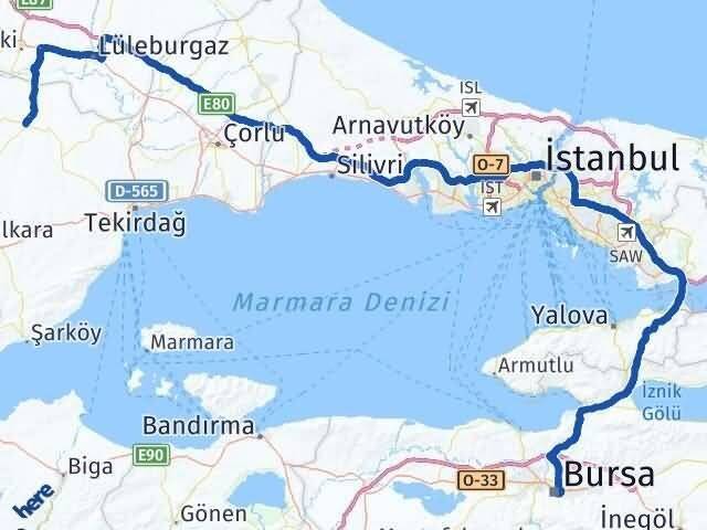 Bursa Hayrabolu Tekirdağ Arası Kaç Km - Yol Haritası