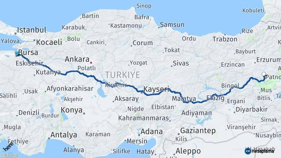 Bursa Hınıs Erzurum Arası Kaç Km - Yol Haritası
