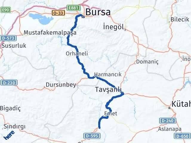 Bursa Hisarcık Kütahya Arası Kaç Km - Yol Haritası