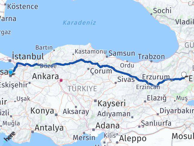 Bursa Horasan Erzurum Arası Kaç Km - Yol Haritası