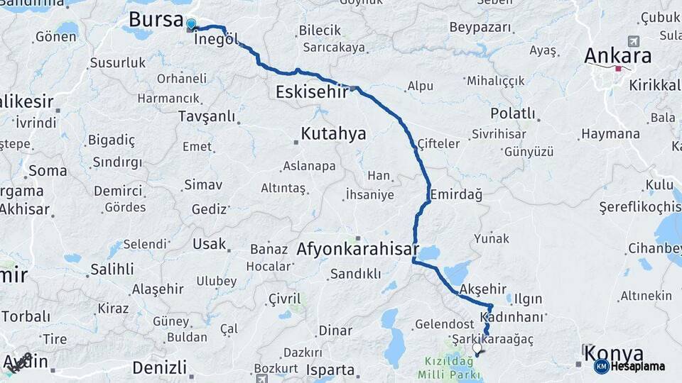 Bursa Hüyük Konya Arası Kaç Km - Yol Haritası