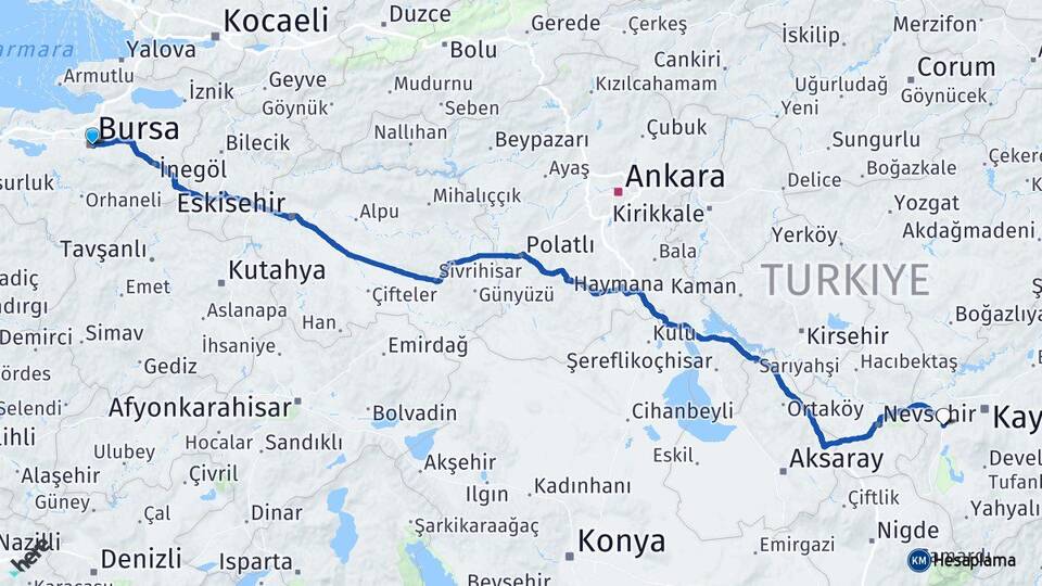 Bursa İncesu Kayseri Arası Kaç Km - Yol Haritası