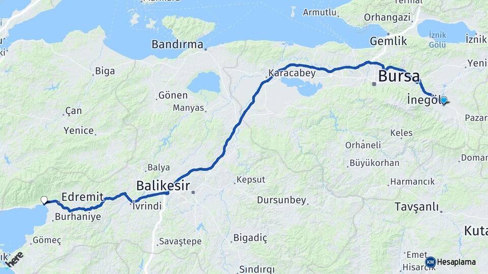Bursa İnegöl Akçay Edremit Balıkesir Arası Kaç Km - Yol Haritası