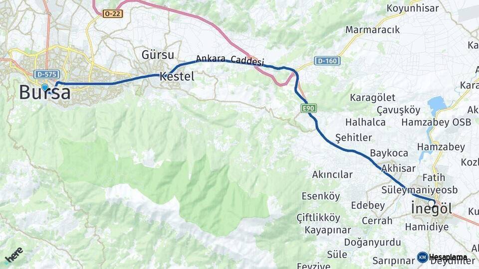 Bursa İnegöl Arası Kaç Km - Yol Haritası