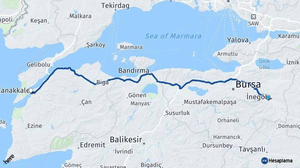 İnegöl Çanakkale Arası Kaç Km - Yol Tarifi