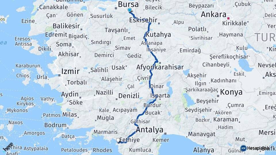 Bursa İnegöl Fethiye Muğla Arası Kaç Km - Yol Haritası