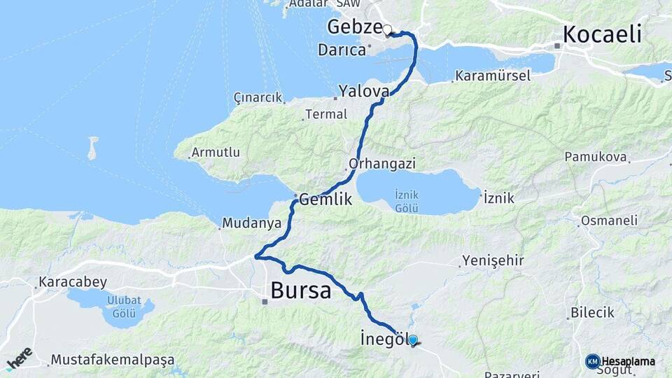 Bursa İnegöl Gebze Kocaeli Arası Kaç Km - Yol Haritası